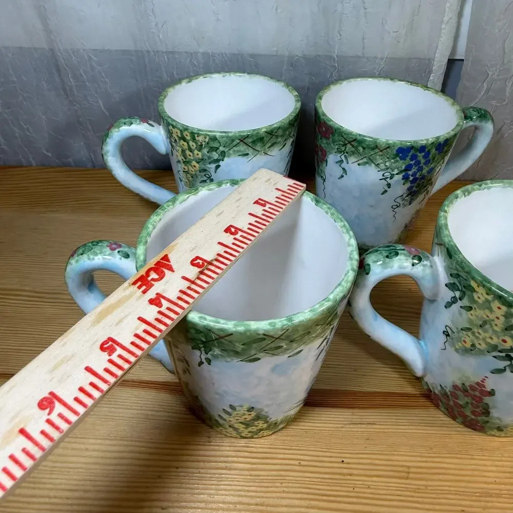 Fitz Floyd Balloons Floral Mug Set 4 Hand Painted Garden Coffee Cups
